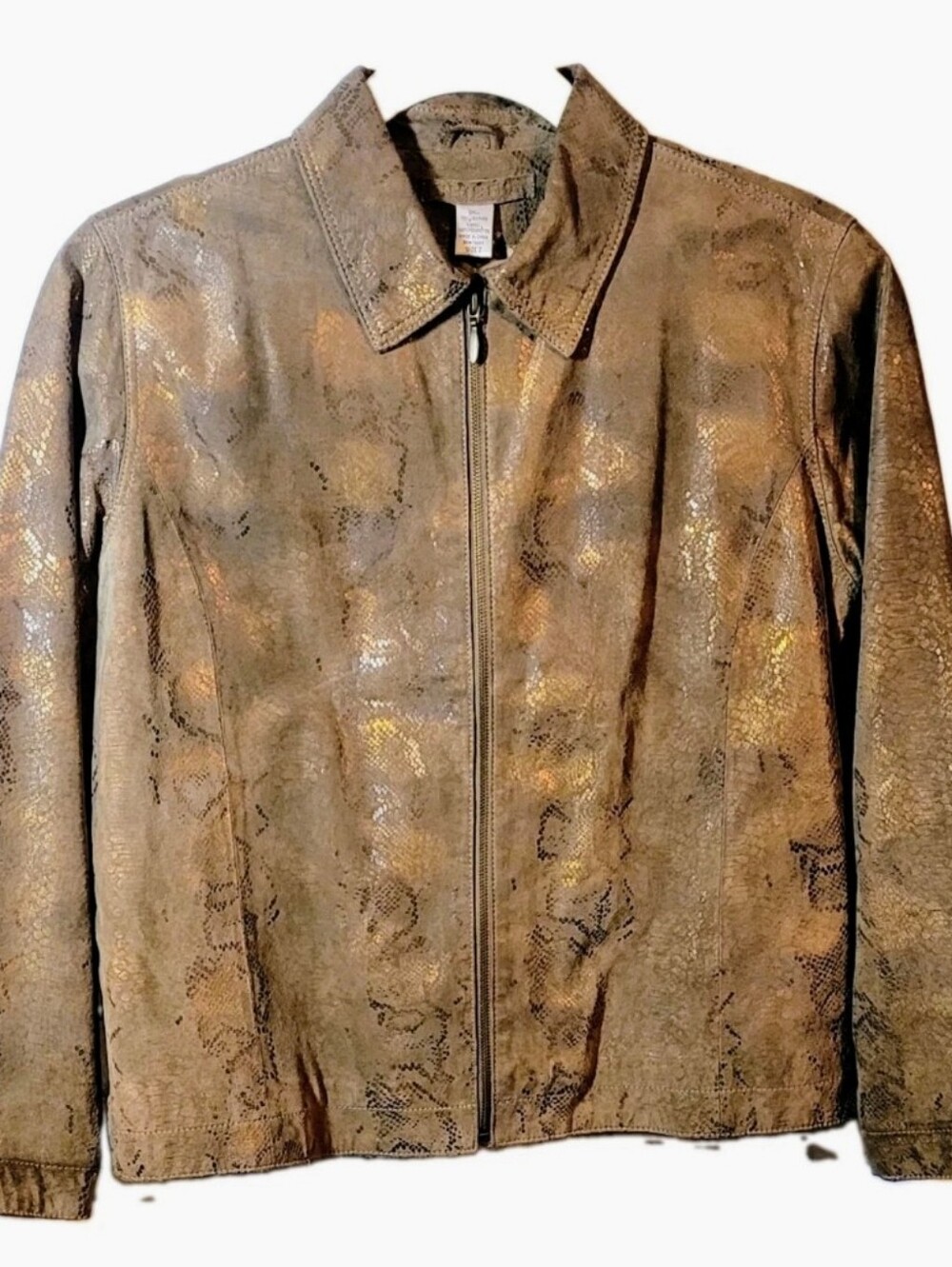 Chico’s Snakeskin Print Leather Jacket Size 2 (L - 12) Zip-Up Metallic Collared